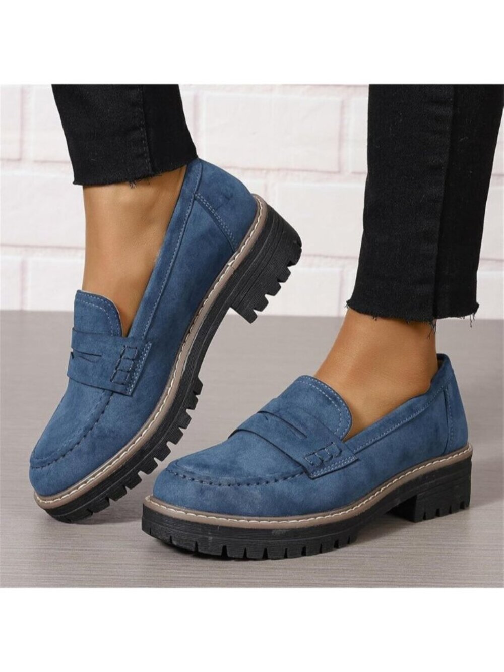Womens Navy Suede Lug Sole Slip On Business Chunky Platform Penny Loafers Shoes - Picture 2 of 5